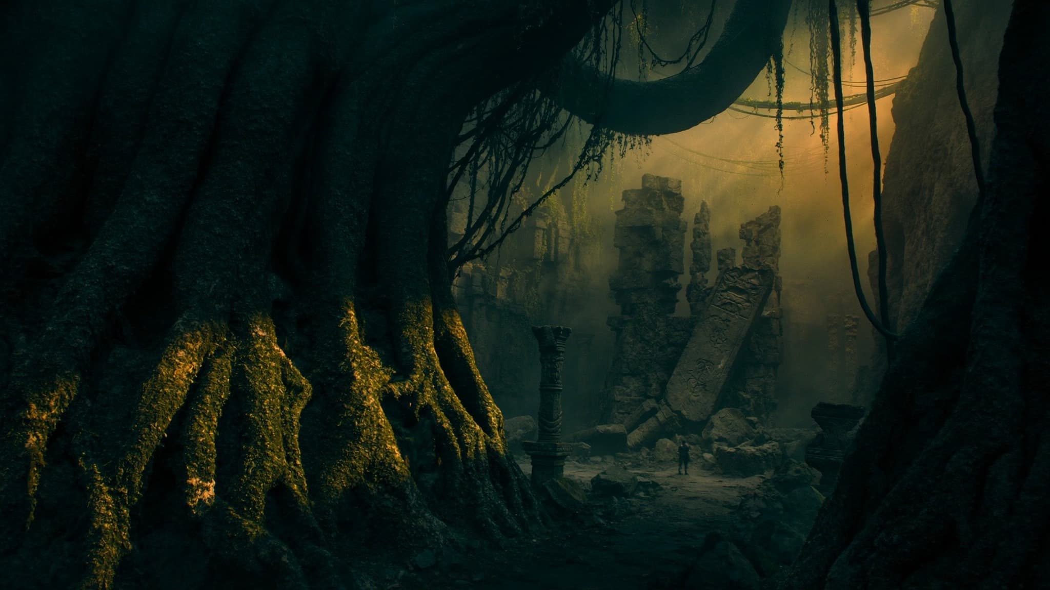 Interior de una selva primigenia con raíces colosales y ruinas de piedra cubiertas de vegetación